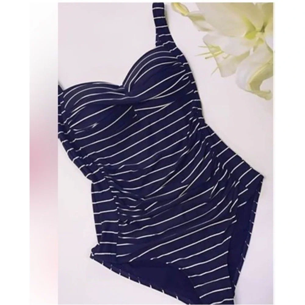 Bond Eye One‎ Piece Swimsuit Joanne Blue And White Stripes Slimming US 10 NWOT